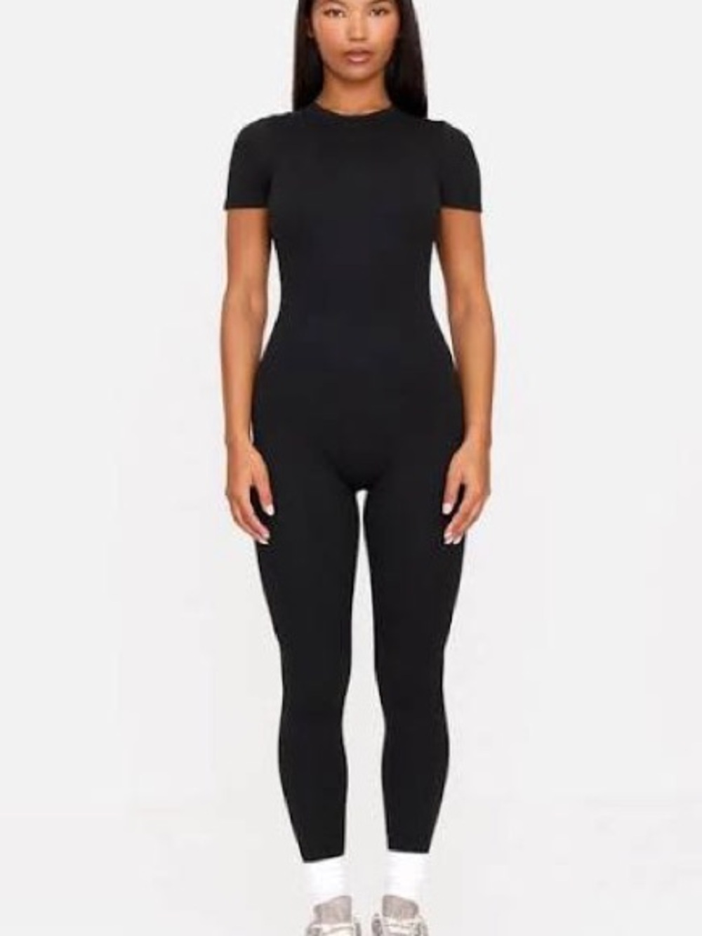 PrettyLittleThing Black Ribbed Short-Sleeve Jumpsuit